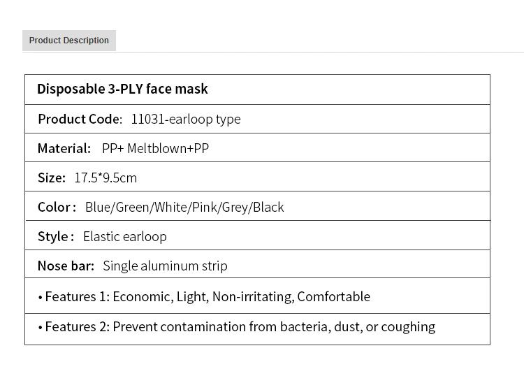 Raytex 11031 Non Woven Fabric 3 Ply Face Mask Earloop Type Factory Supply Directly