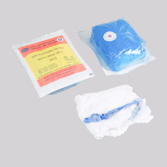 CE ISO-zugelassen, 100 % Baumwolle, saugfähig, medizinisch, chirurgisch, steril, gefärbte Gaze, Schoßschwamm, Bauchpolster, verwendet im Krankenhaus